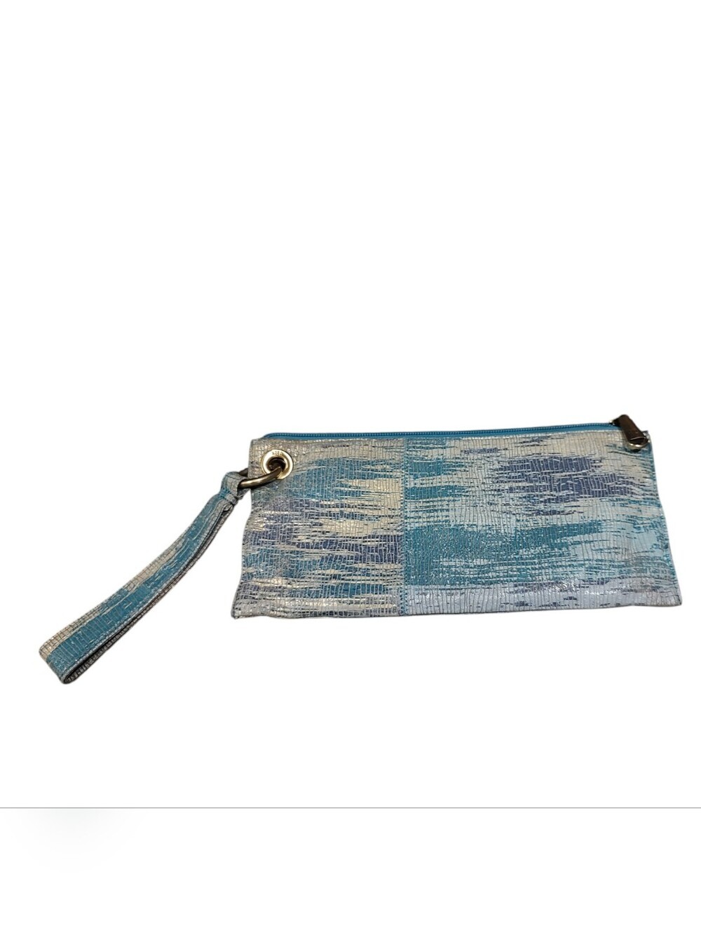 HOBO Blue and Silver Patchwork Wristlet Clutch with Strap